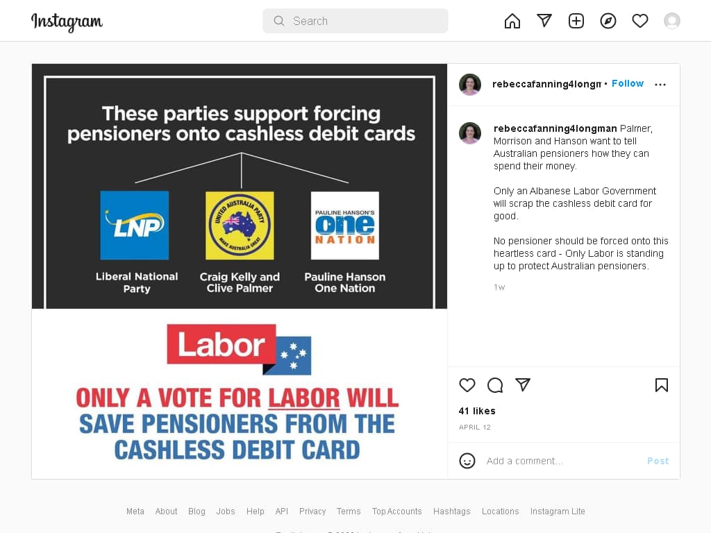 An image of an instagram post by Labor Candidate for Longman, Rebecca Fanning.