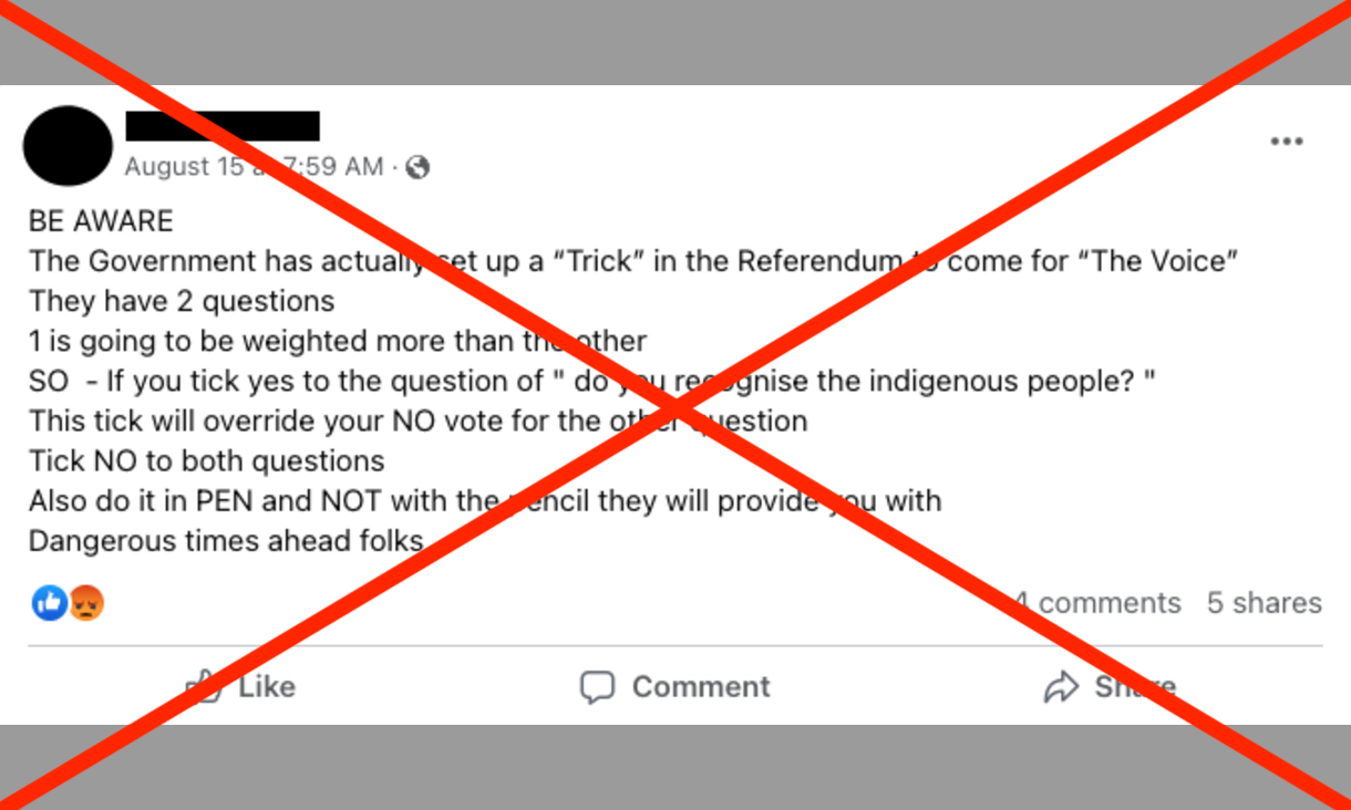 Facebook post with text and red cross over the image