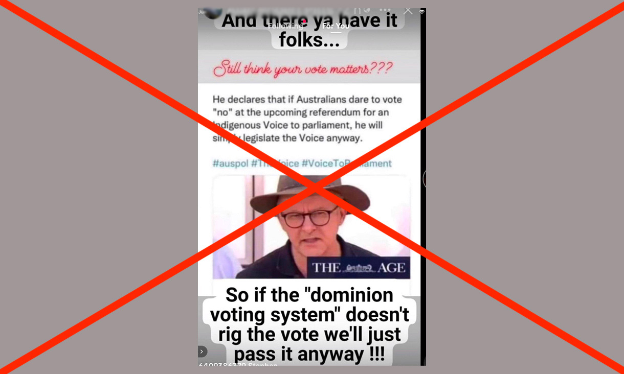 social media post showing Anthony Albanese in hat with text and logo of The Age and red cross through image