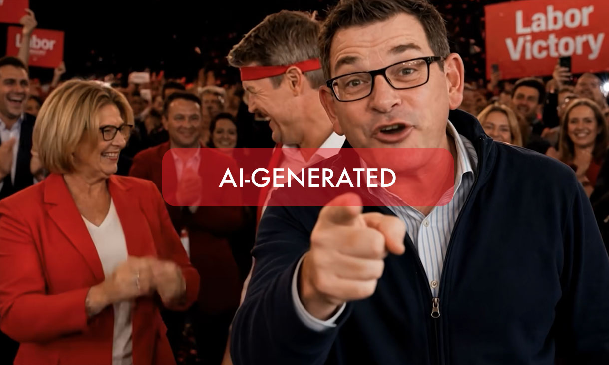A deepfake of former Victorian premier Dan Andrews celebrating a fictional Labor election win, from an AI-generated Advance campaign video