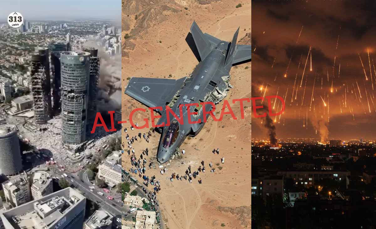 Three AI-generated images, of destroyed buildings, a downed fighter jet and hail of missiles