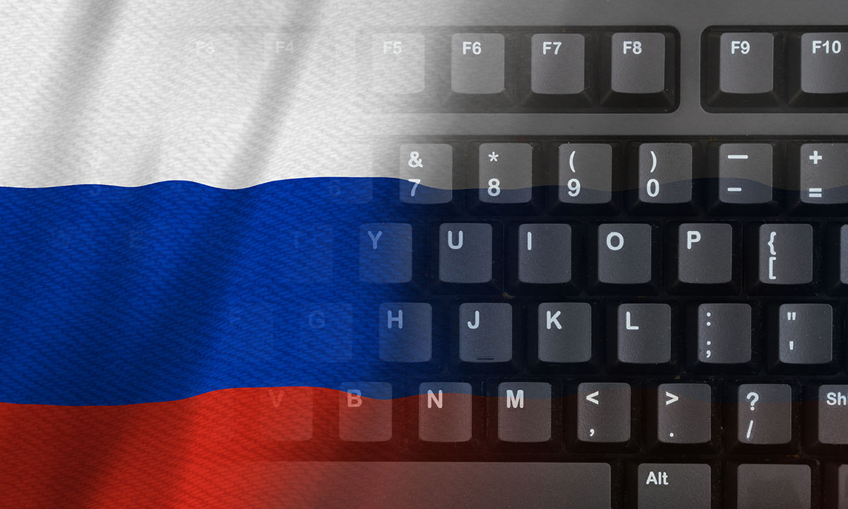A Russian flag superimposed on a keyboard
