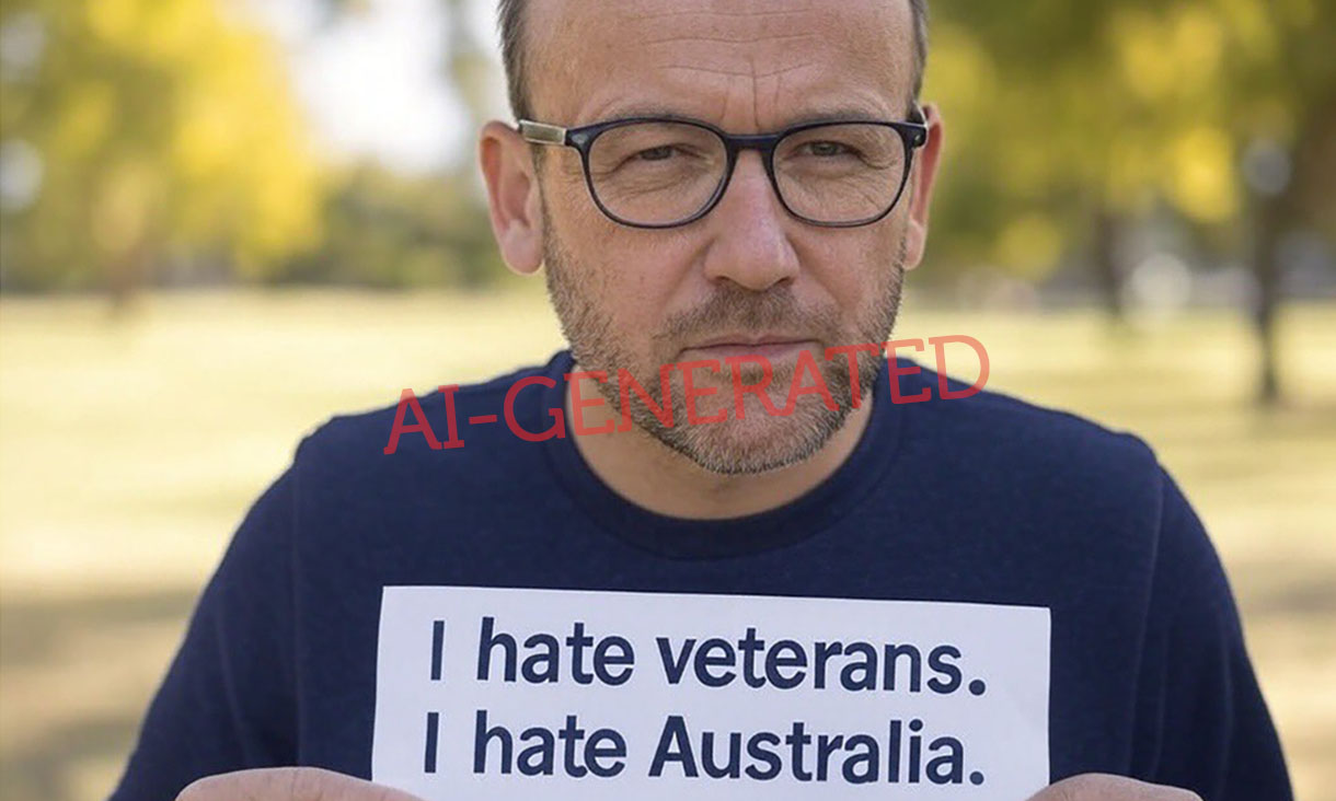 An AI-generated image of Greens leader Adam Bandt holding a sign that says "I hate veterans" and "I hate Australia"