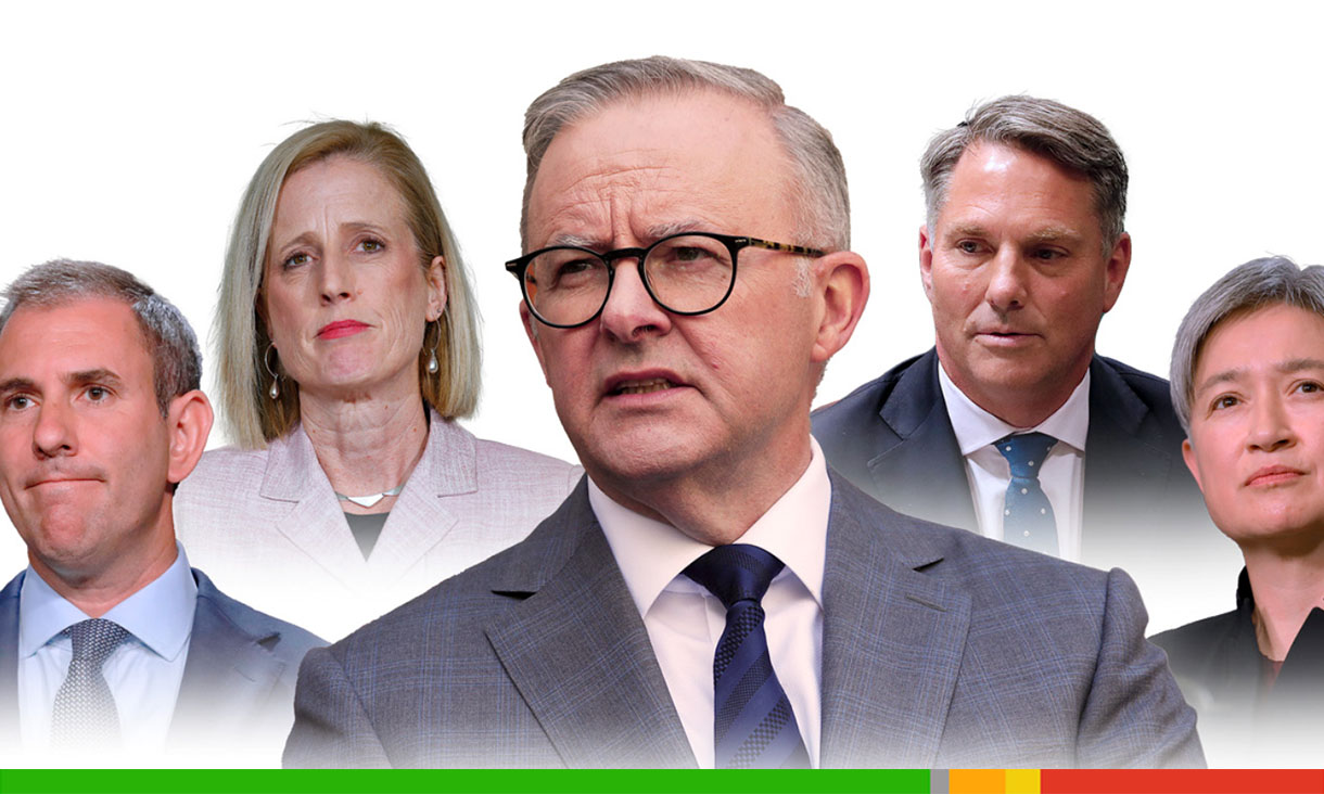 Headshots of several Labor frontbenches, with PM Anthony Albanese at the fore.