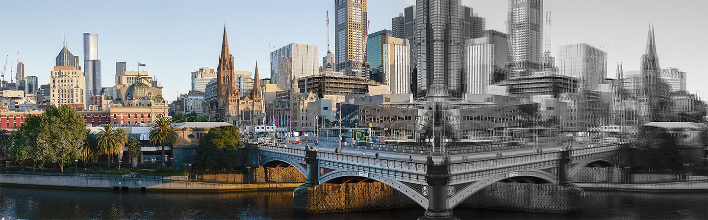 Melbourne's waterfront merges into a distorted mirror image of itself