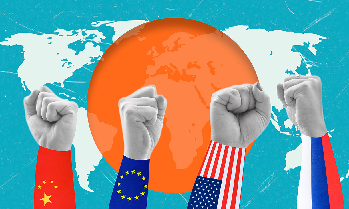 A stylised image of four clenched fists —&nbsp;each with a Chinese, EU, US or Russian flag on its wrist —&nbsp;set against a map of the world