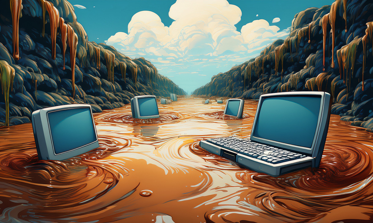 An AI-generated image of computers floating down and sinking into a river of sludge