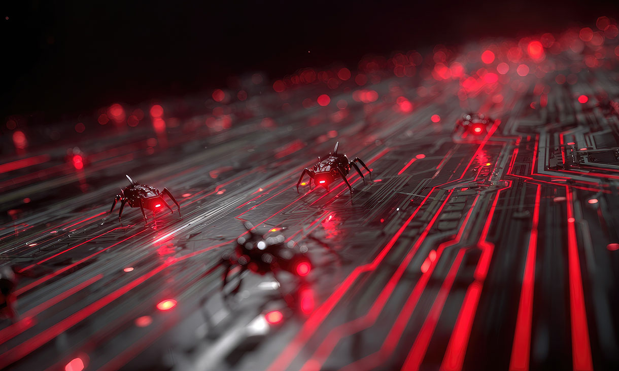 Robotic bugs crawling over a circuit board