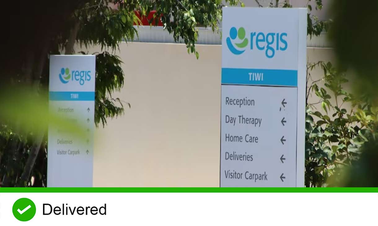 Entrance sign of aged care organisation called regis