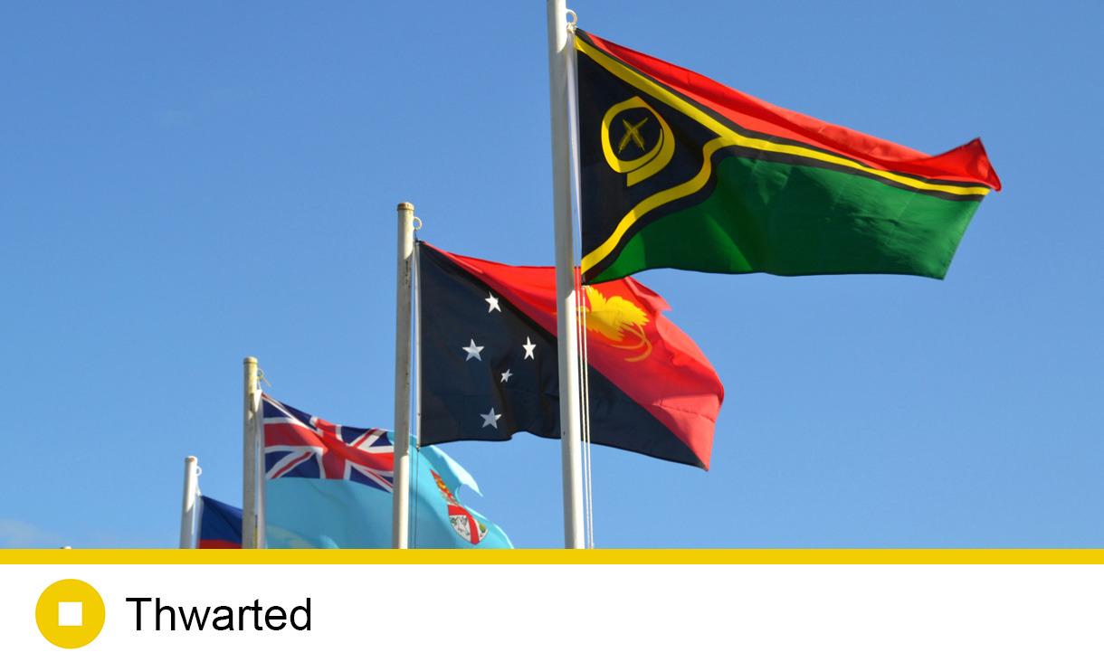 Flags of Pacific nations flying together with Fiji, Solomon Islands. Papua New Guinea and Vanuatu