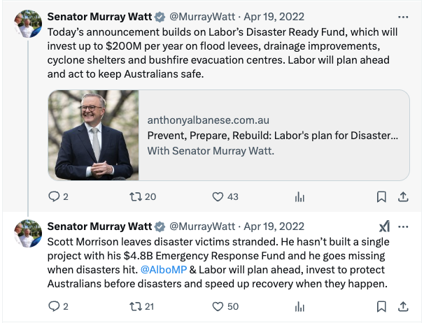 Twitter update about Labor's Disaster Ready Fund