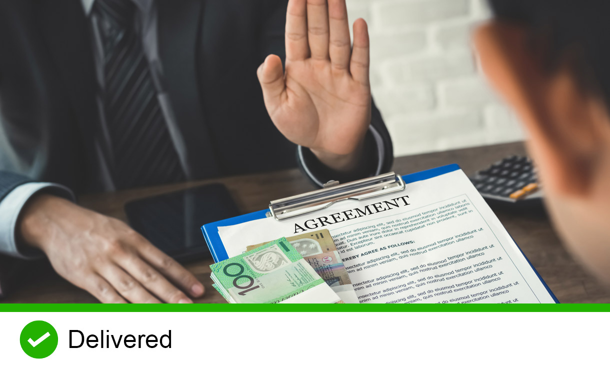 Businessman refusing money, Australian dollars,  that come with contract document