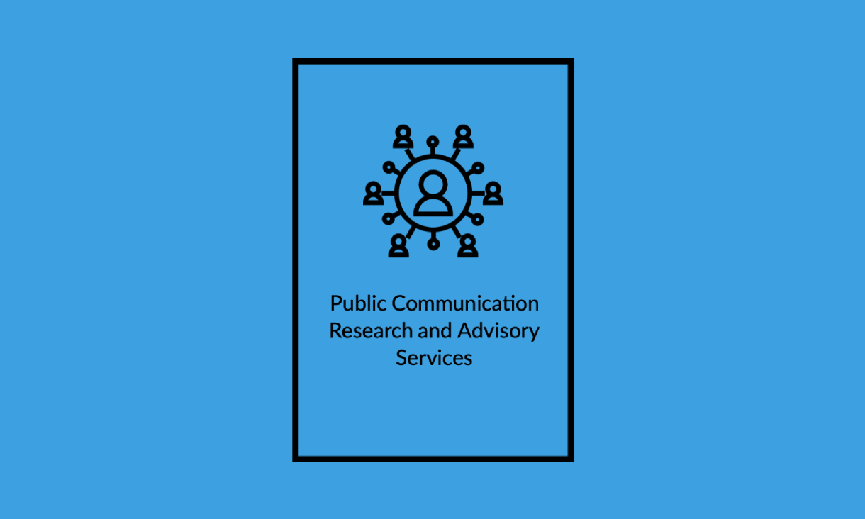 stylised icons of a person with multiple branches leading to other people, with the text 'public communication research and advisory services'