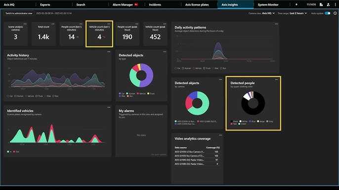 Dark-themed Axis video analytics dashboard showing cards and charts for scene analysis, vehicle and people counts, daily activity patterns, activity history, detected objects, identified vehicles, detected people, alarms, and video analytics coverage.