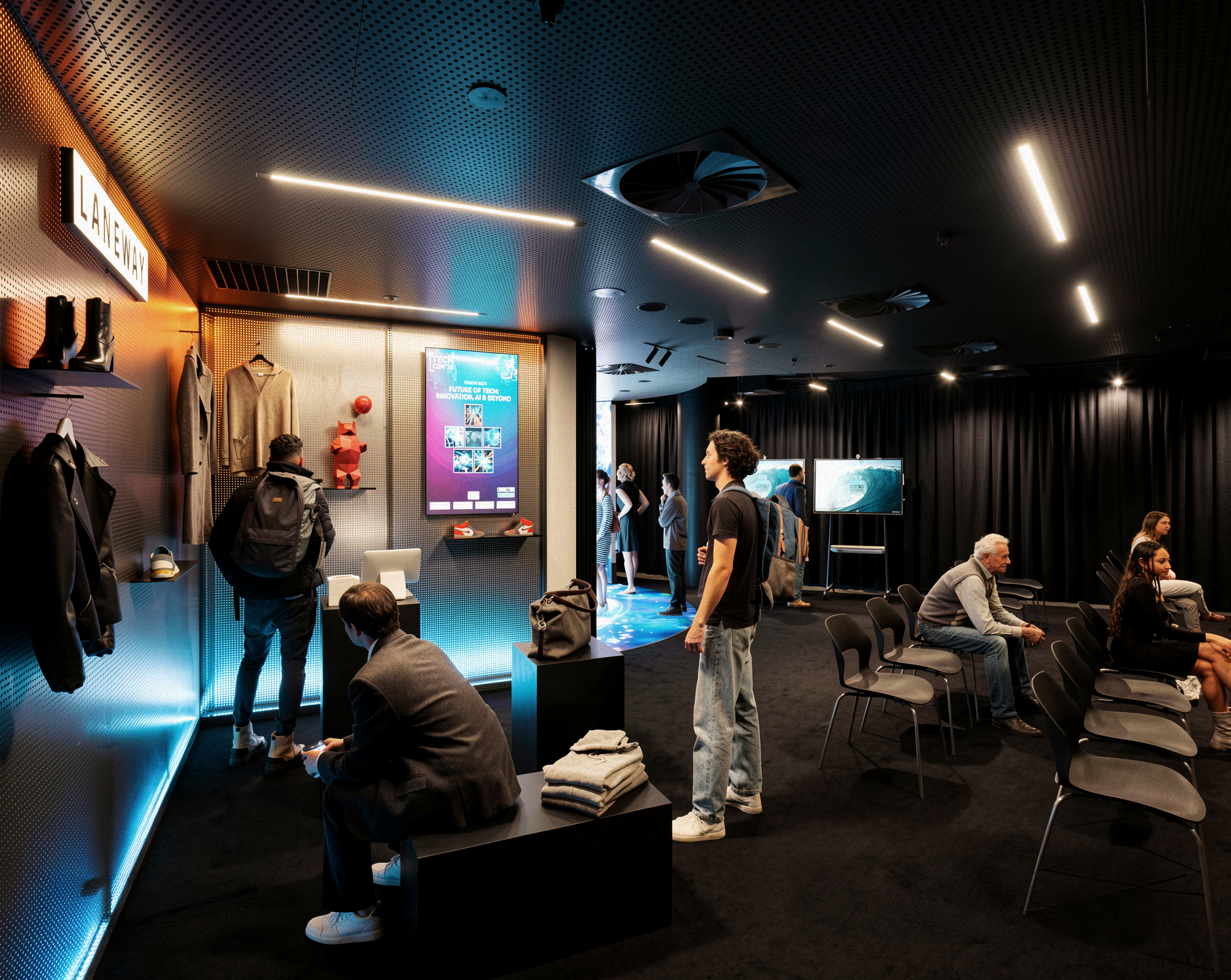 A dark, modern Laneway retail and exhibition space with clothing and accessories displayed along the walls. Several people browse the displays or sit on chairs, while a digital poster, television screen, stage area and rows of seating occupy the room.