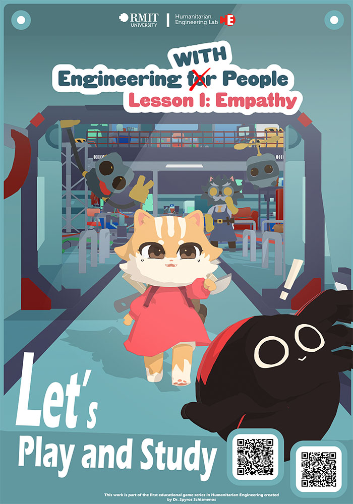 Colourful poster showing a cartoon cat and a round black creature with backpacks in a workshop full of robots. Text reads 'Engineering WITH People – Lesson 1: Empathy' and 'Let’s Play and Study,' with two QR codes at the bottom.