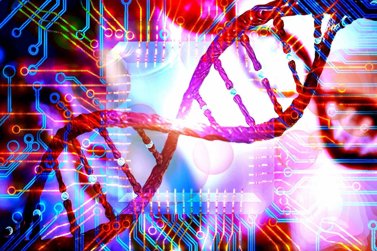 DNA helix overlayed with data pathways graphics