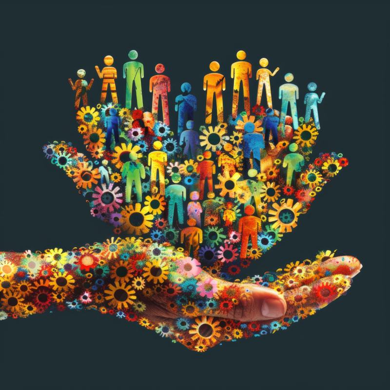 Two hands made of colourful gears holding groups of multicoloured human figures and flowers.