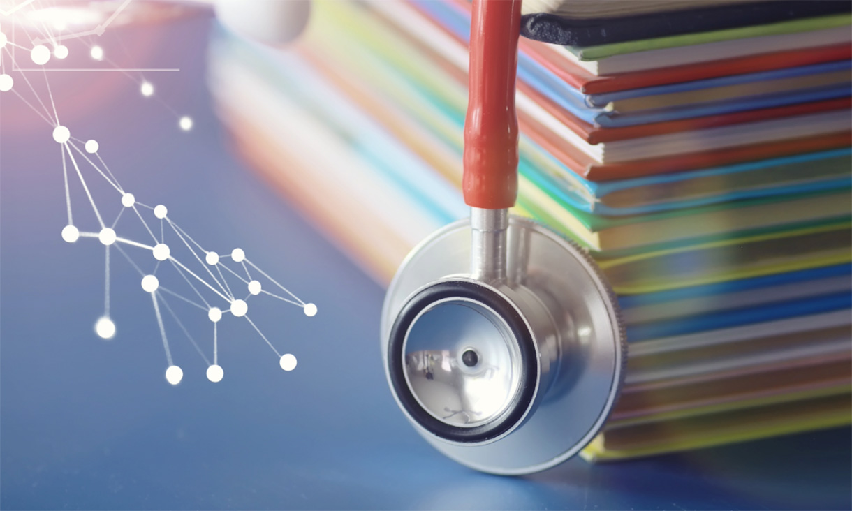 Graphic of a pile of books with a stethoscope on top of them.