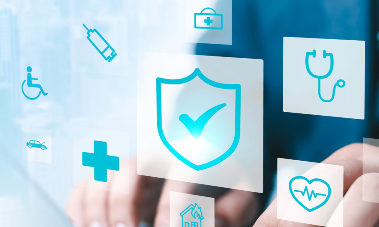 Person interacting with digital health and medical icons, featuring a central shield with a tick.