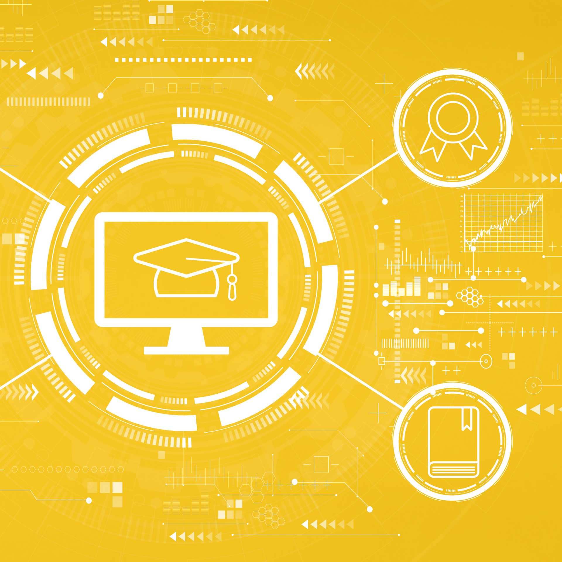 Graphics showing graduation on computer screen, diploma and certificate