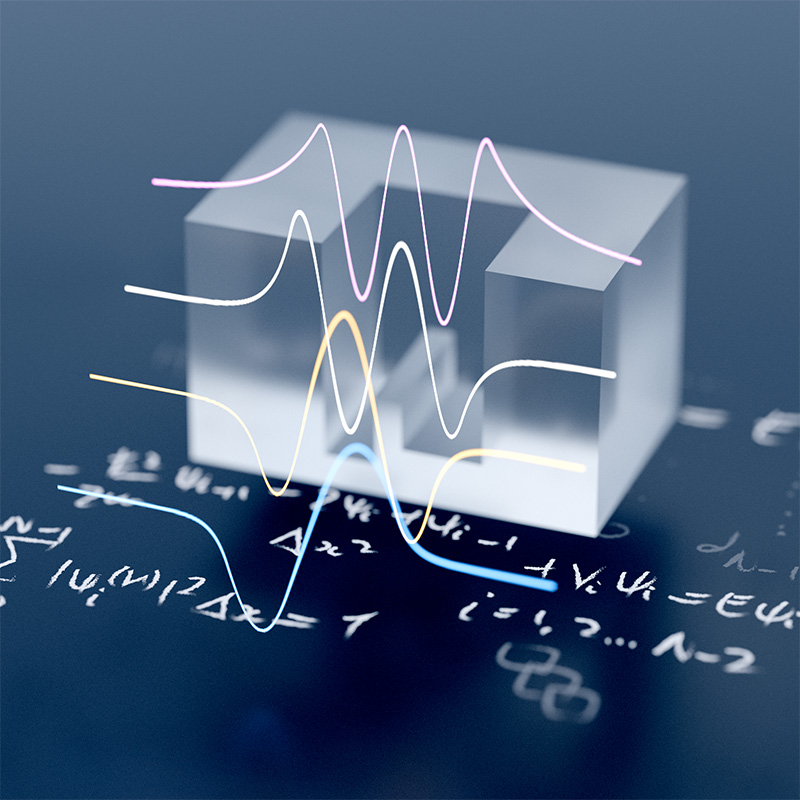 Transparent geometric block over mathematical equations, with colour-coded waveforms projecting through it.
