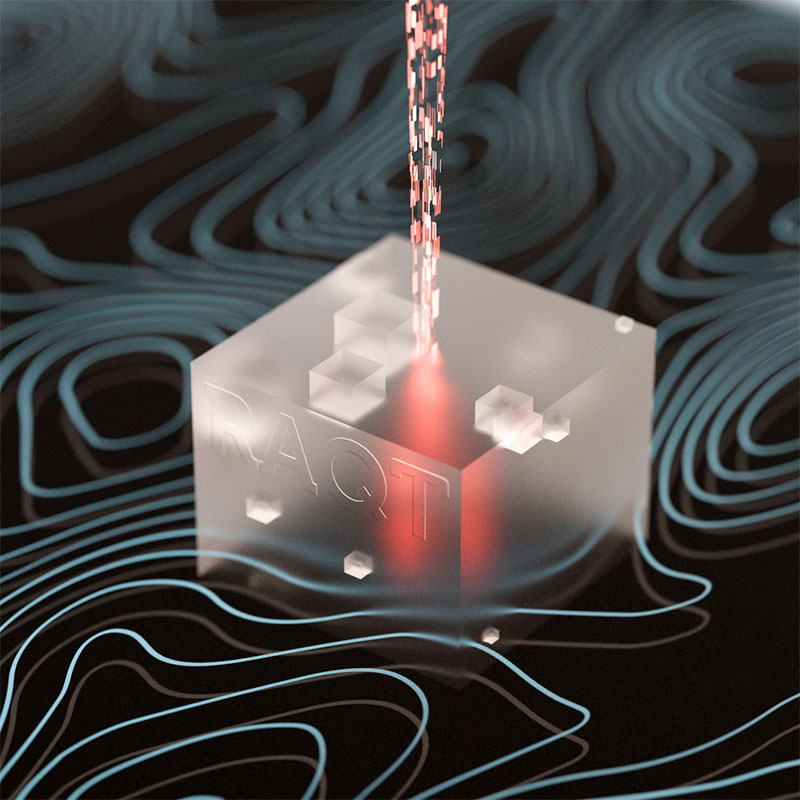 Stylised transparent cube with RAQT inscribed, intersected by a red beam and surrounded by wavy blue lines.