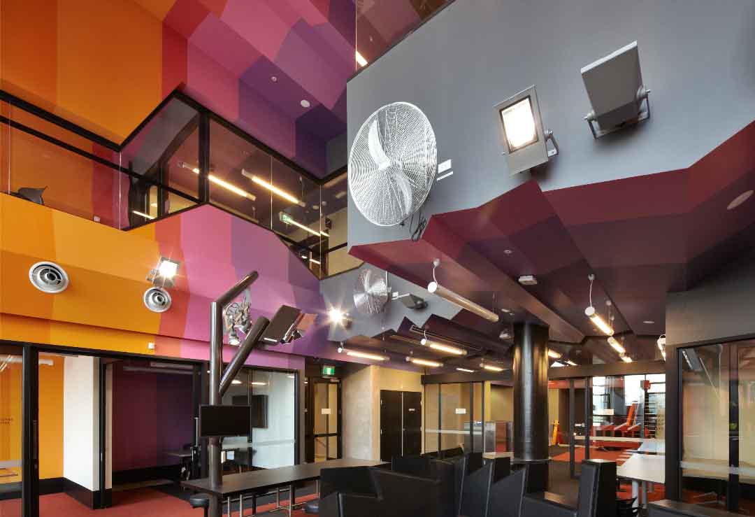 Fans and lights on wall Inside SAB building