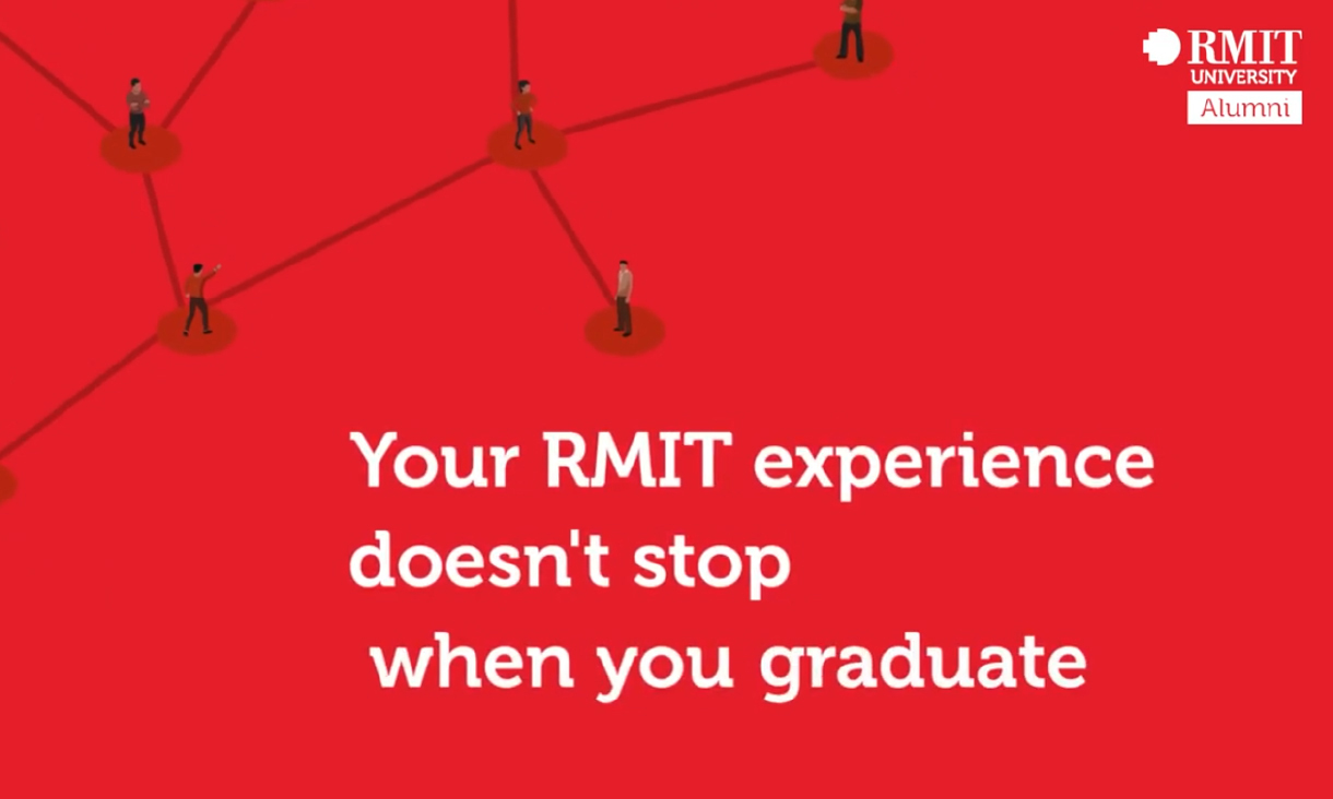 Image of a red illustration with lines connecting people. There is text that reads: Your RMIT experience doesn't stop when you graduate.
