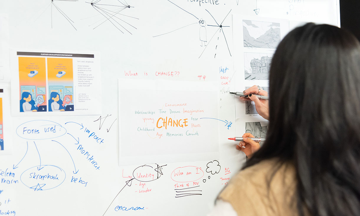 A woman with long dark hair writing on a large whiteboard filled with diagrams, sketches, and notes related to design thinking or planning.