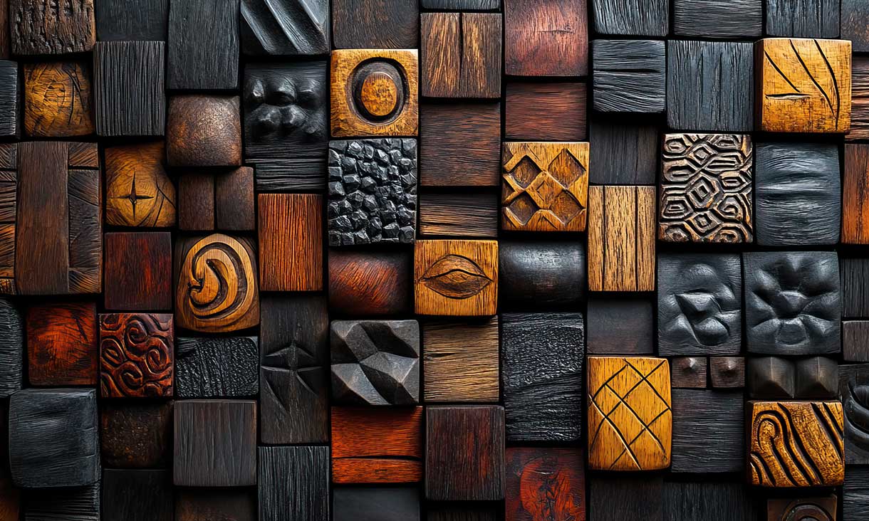African wood carving with geometric background, tribal art wallpaper texture, traditional decoration, indigenous culture graphic, and abstract pattern or paint for dynamic shape.