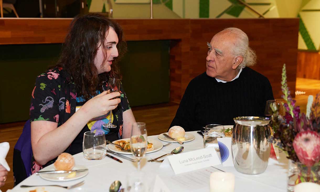 Luna McLeod-Scott with Antonio Flórez at the 2025 RMIT Scholarship Dinner.