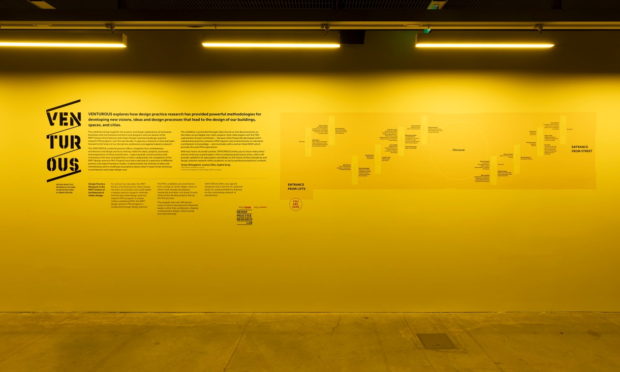 Installation view of VENTUROUS: Design Practice Research Futures in Architecture & Urban Design, RMIT Design Hub Gallery, Melbourne, 2026. Graphic design by Stephen Banham, Letterbox. Photo by Christian Capurro. 