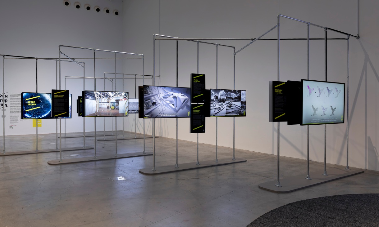 Installation view of VENTUROUS: Design Practice Research Futures in Architecture & Urban Design, RMIT Design Hub Gallery, Melbourne, 2026. Photo by Christian Capurro. 