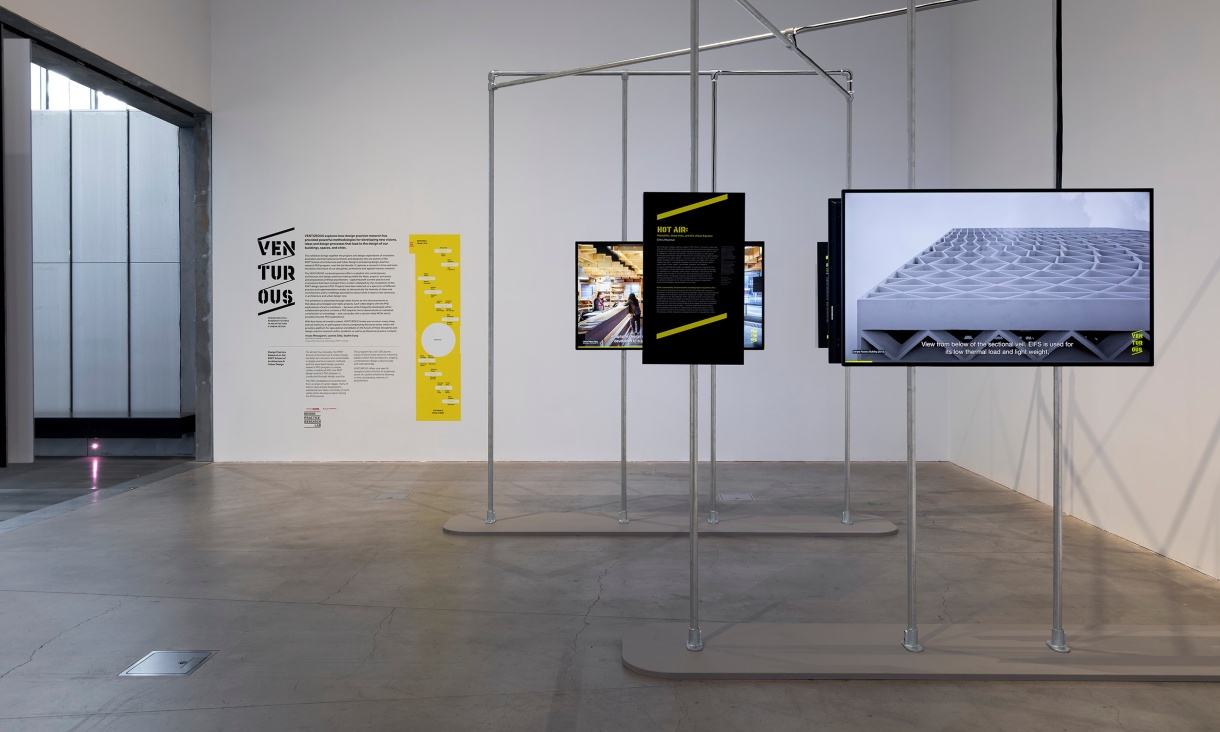 Installation view of VENTUROUS: Design Practice Research Futures in Architecture & Urban Design, RMIT Design Hub Gallery, Melbourne, 2026. Photo by Christian Capurro. 