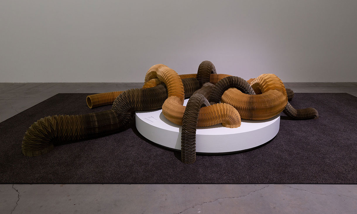 Installation view, Tomoko Fuse, Orochi 2021, in Future Folds, RMIT Design Hub Gallery, Melbourne, 2024. 