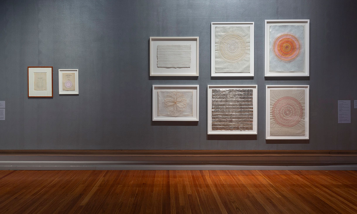 Installation view: Louise Rippet, Grain #1, 2004; White Bindi, 2007; Target, 2024; Light 3, 2010-12; Silver Bindu (Eva's Circle), 2007 in  PRICK! Needlework Now, RMIT Gallery, Melbourne, 2025. 