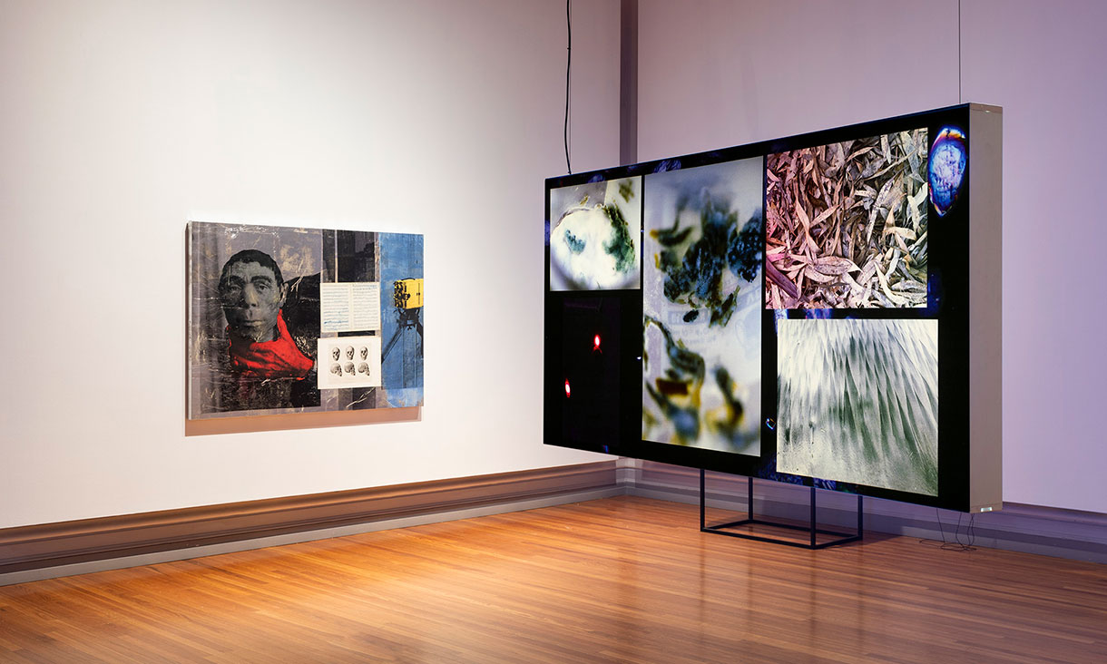 Installation view, Agent Bodies, 2022, RMIT Gallery. Image includes works by Brook Andrew, and Alicia Frankovich. 