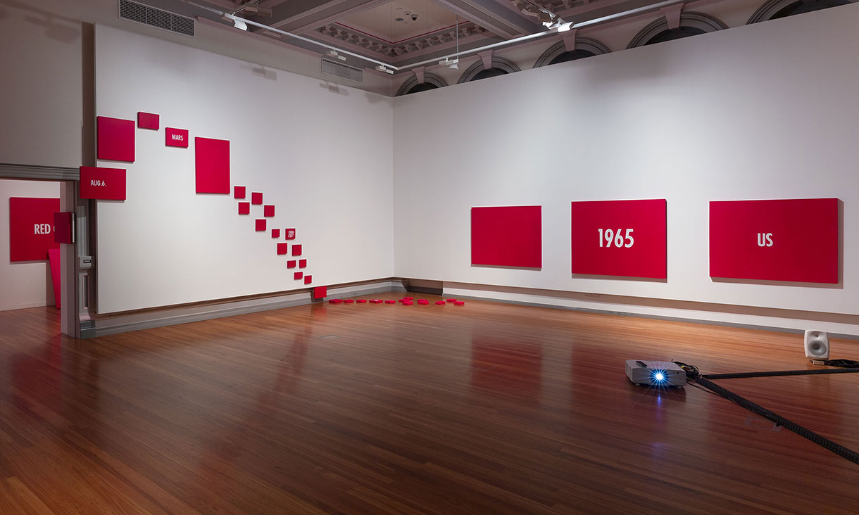 Installation view, Tintin Wulia, Subtext – after Kawara’s Title, 1965 2019, in Tintin Wulia: Secrets, RMIT Gallery, Melbourne, 2023. 