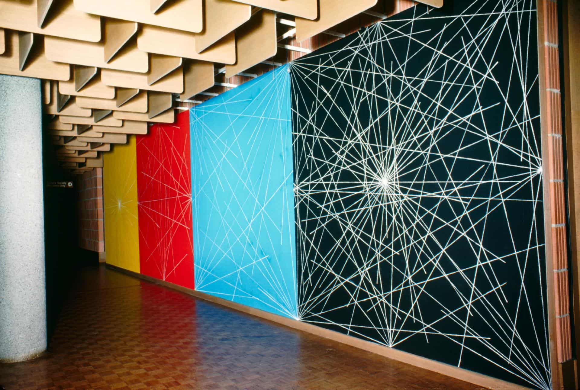 Sol LeWitt, 'Lines to points on a grid. On yellow: Lines from the center of the wall. On red: Lines from four sides. On blue: Lines from four corners. On black: Lines from four sides, four corners and the center of the wall', March-April 1977, National Gallery of Victoria, Melbourne. Kaldor Public Art Project 6. 