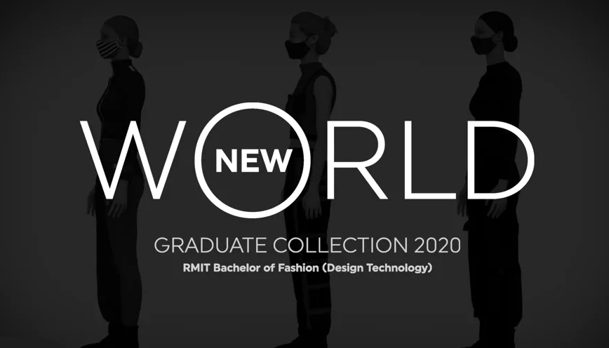 Silhouette of three models with overlay of text "New World, Graduate Collection 2020, RMIT Bachelor of Fashion (Design Technology)"