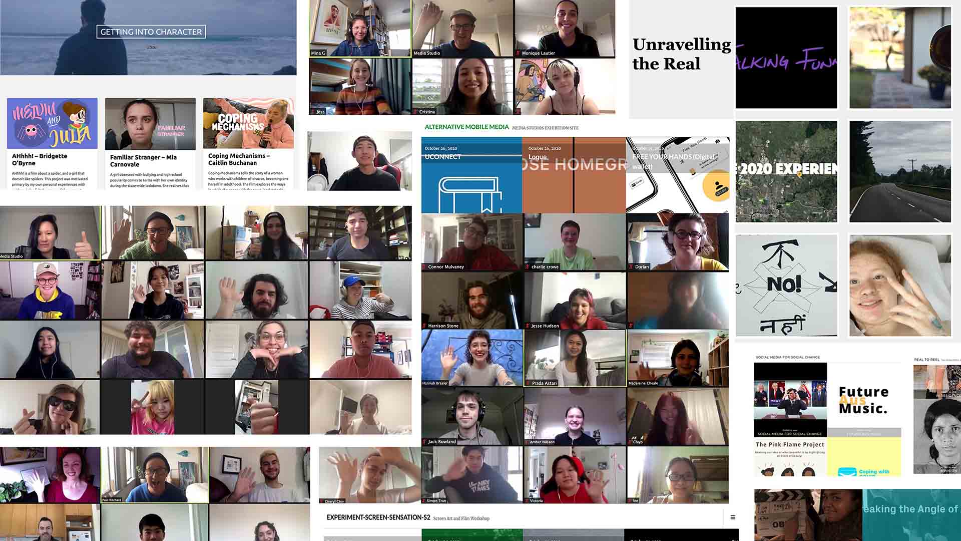 Collage of people's webcam screenshots and media project images