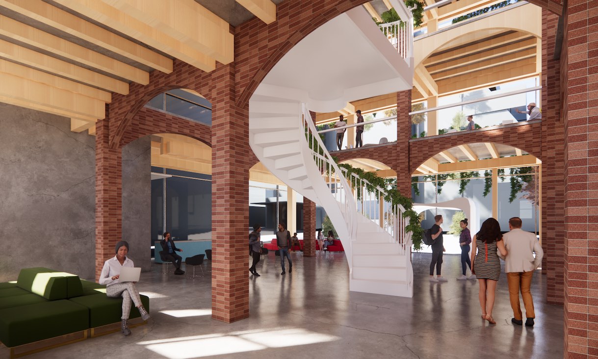 high quality 3D render of the interior of a building with people walking around