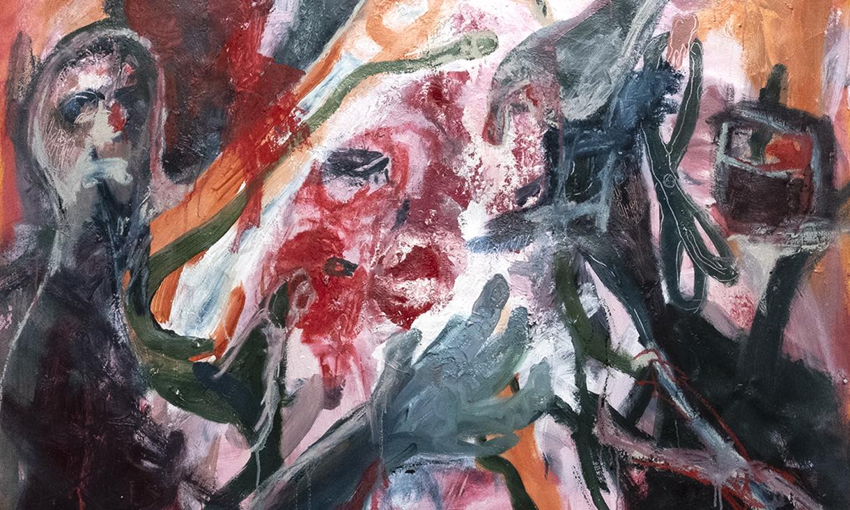 abstract oil painting, primarily black and red showing a figure, hand, and scissors