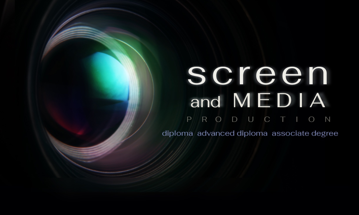 poster for screen and media production, with name of course on a black background and a large camera lens
