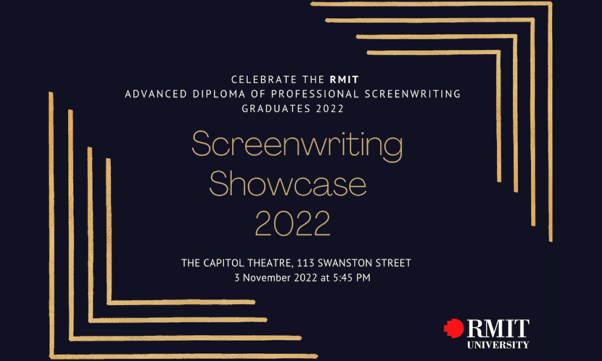 flyer for the 2022 screenwriting showcase, with details of the event, gold text and motifs on a dark blue background