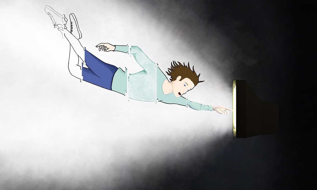illustration of a person floating in the air touching a glowing screen with an outstretched finger