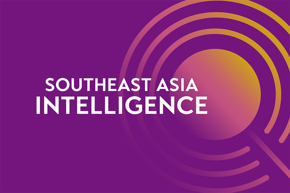 A purple and orange graphic design featuring a magnifying glass. There is white text that reads 'Southeast Asia Intelligence'.