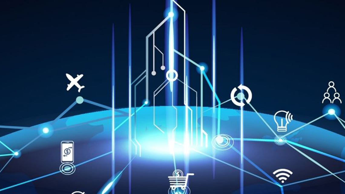 Abstract digital city with glowing blue lines and technology icons.