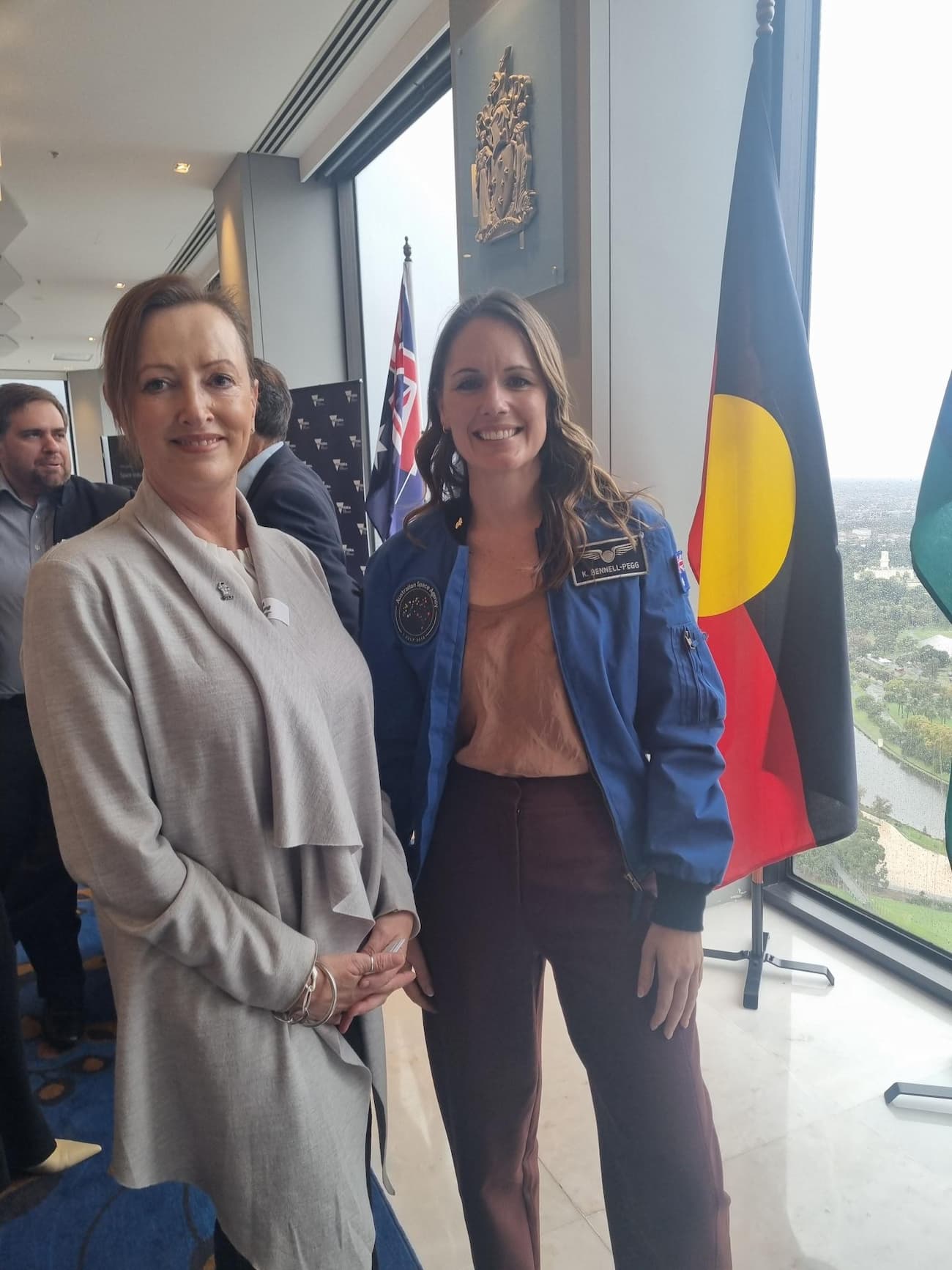 Meeting of person with Australian Space Agency astronaut Katherine Bennell-Pegg at a professional industry event, highlighting collaboration, leadership, and Australia’s growing capabilities in space innovation, research, education, and international engagement